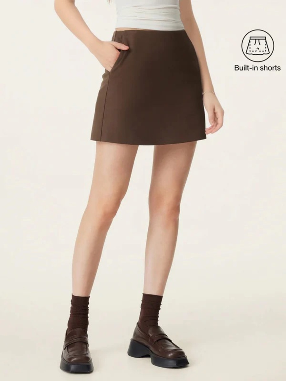 NWT OGL Ponte-De-Roma Mid Rise Pull-on A-line Skirt with Pockets IN HICKORY BRWN